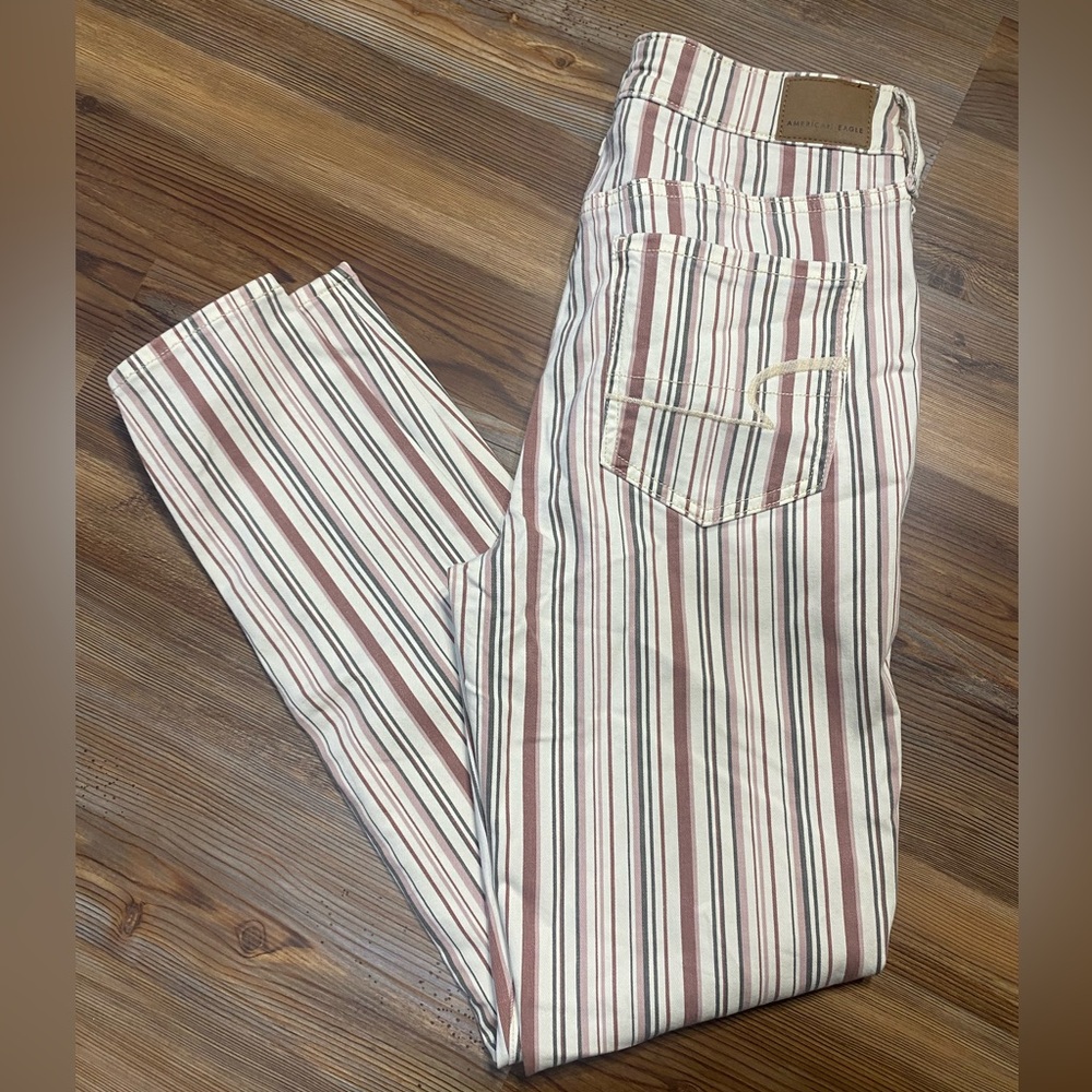 American Eagle Outfitters Striped Straight Leg Jeans - White and Brown